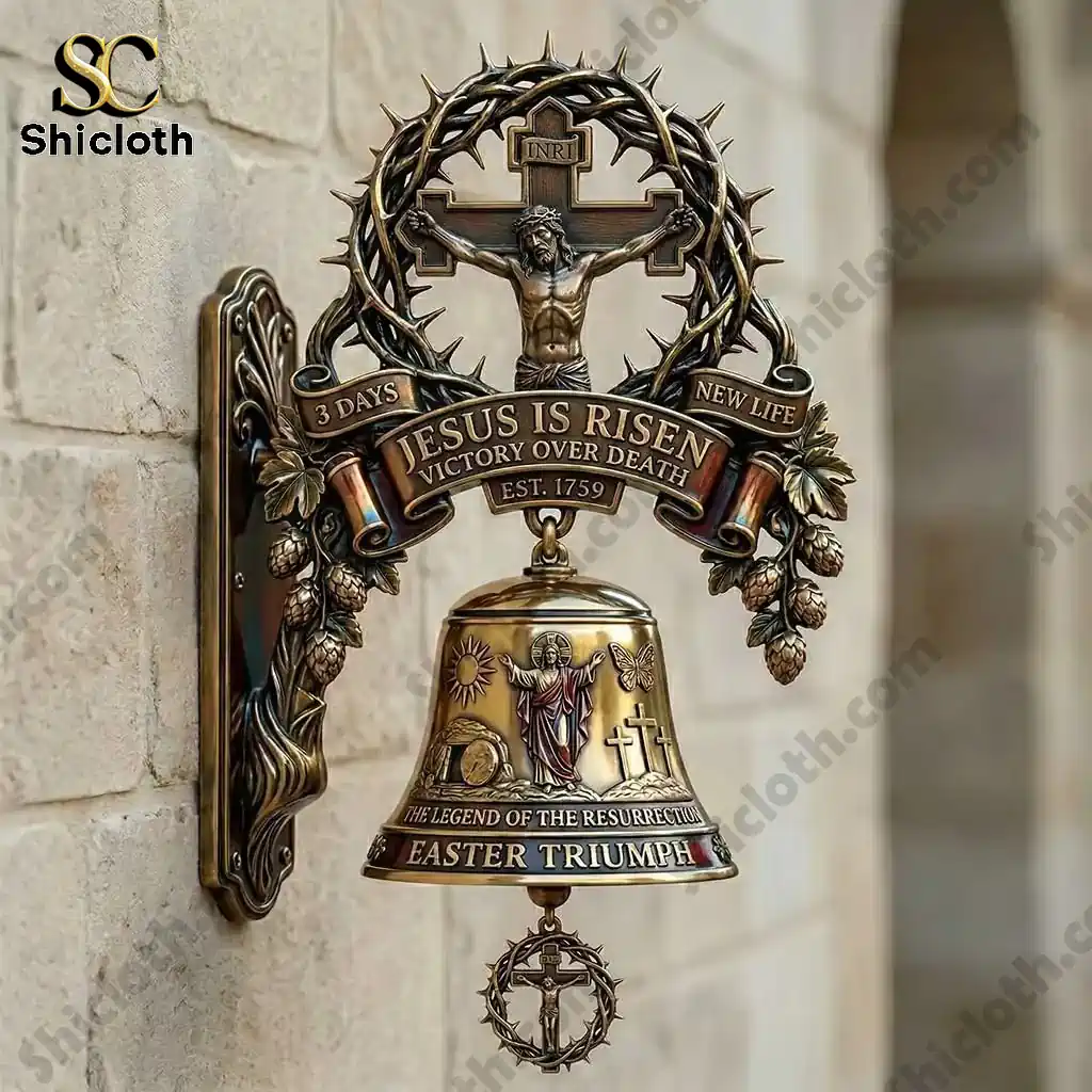 Shicloth Jesus Is Risen commemorative wall bell mounted on a stone wall