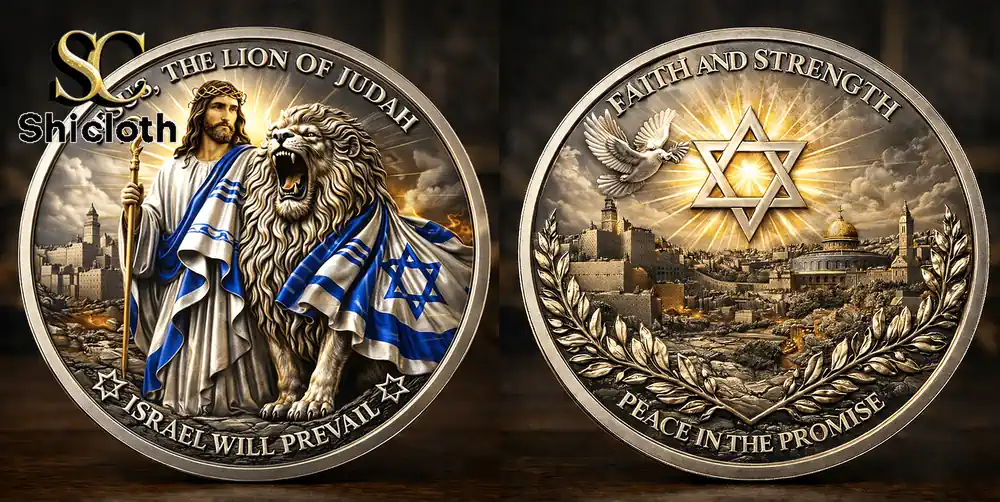 Two sides of commemorative coin showing Lion of Judah and Jerusalem star design.