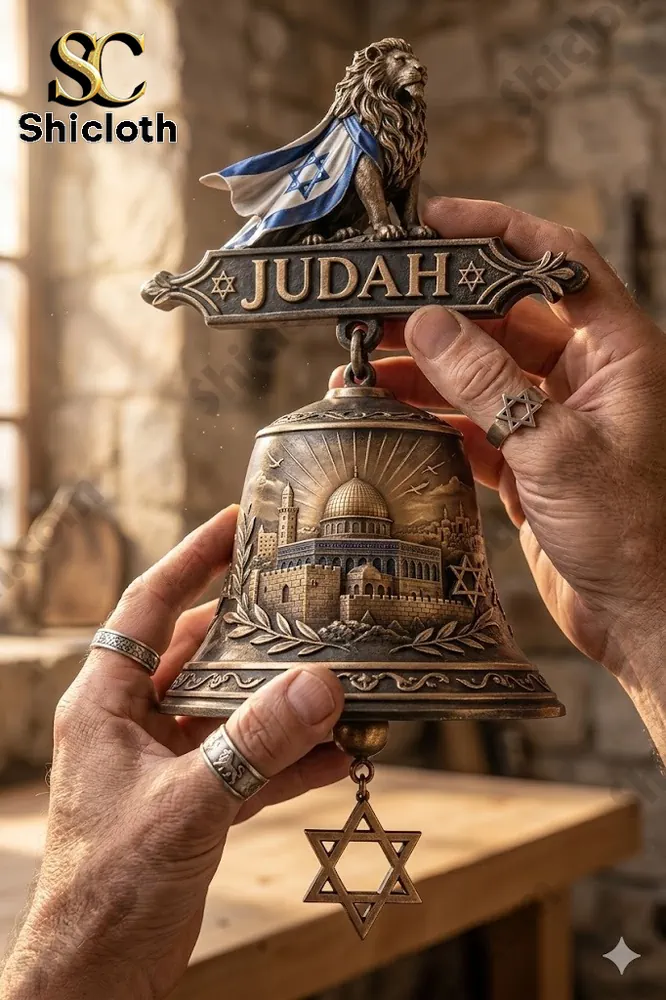 Hands holding Lion of Judah Israel wall bell with Jerusalem design from Shicloth!