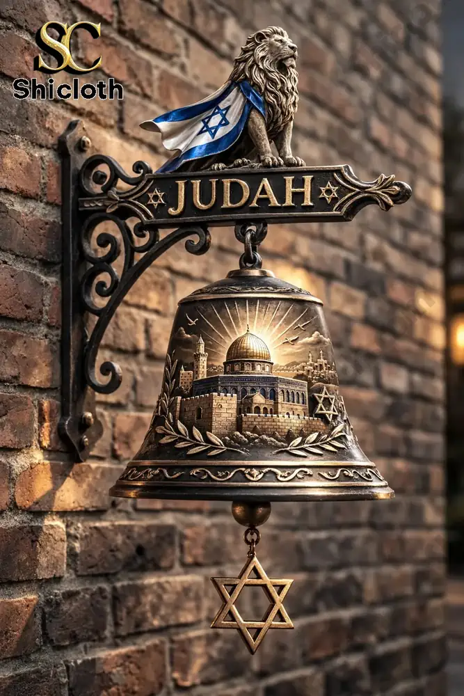 Lion of Judah Israel wall bell mounted on brick wall with Jerusalem design by Shicloth!