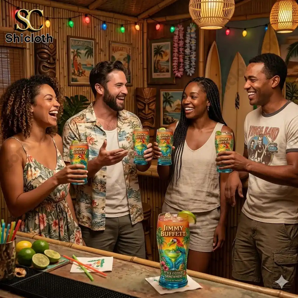 Group of friends enjoying drinks with Jimmy Buffett glasses in tiki bar!