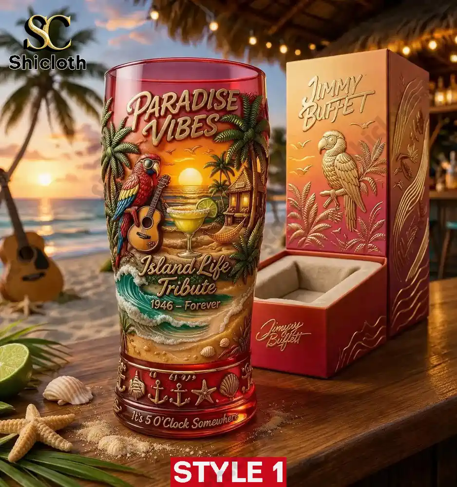 Jimmy Buffett It's 5 O'Clock Somewhere Tropical 3D Relief Pint Glass 3 Jimmy Buffett glass with sunset beach design and gift box!