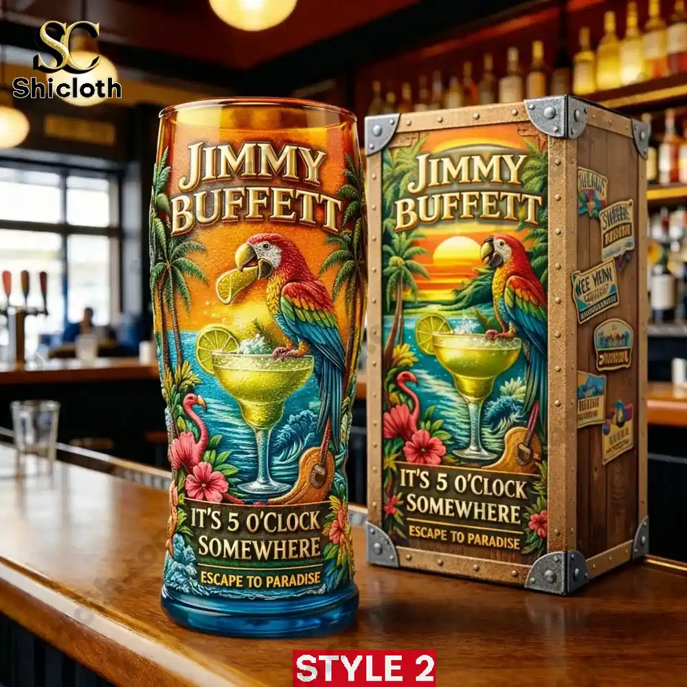 Jimmy Buffett It's 5 O'Clock Somewhere Tropical 3D Relief Pint Glass 4 Jimmy Buffett tropical glass with matching decorative box on bar counter!