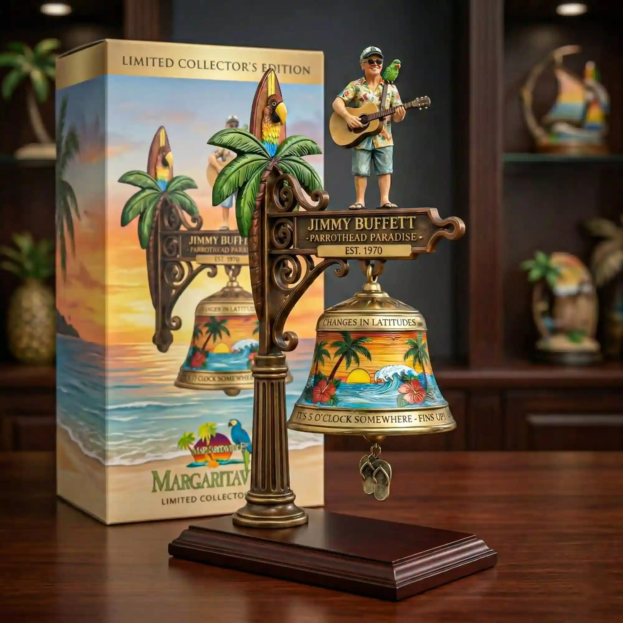 Jimmy Buffett Margaritaville themed decorative bell with guitar player statue and tropical beach artwork!