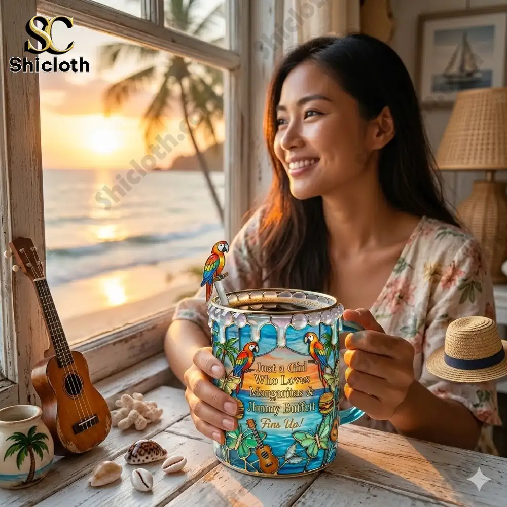 Woman holding tropical stained glass mug by beach sunset!