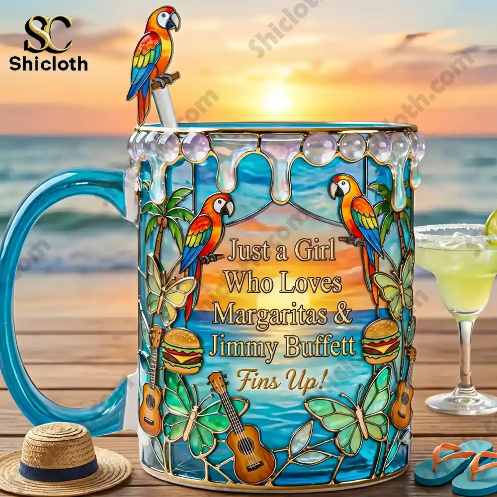 Close up tropical stained glass mug with parrots by ocean!