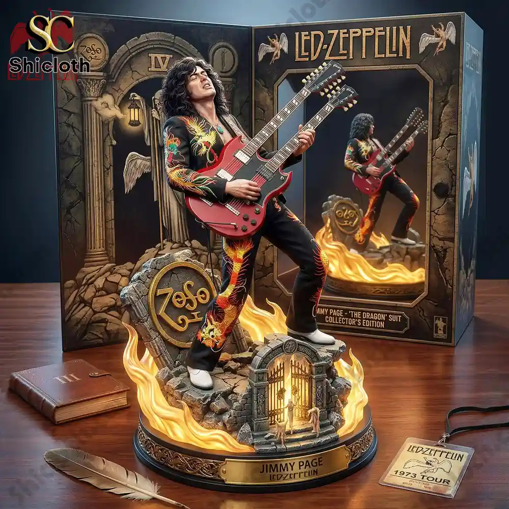 Jimmy Page dragon suit guitar statue with Led Zeppelin themed fiery stage base!