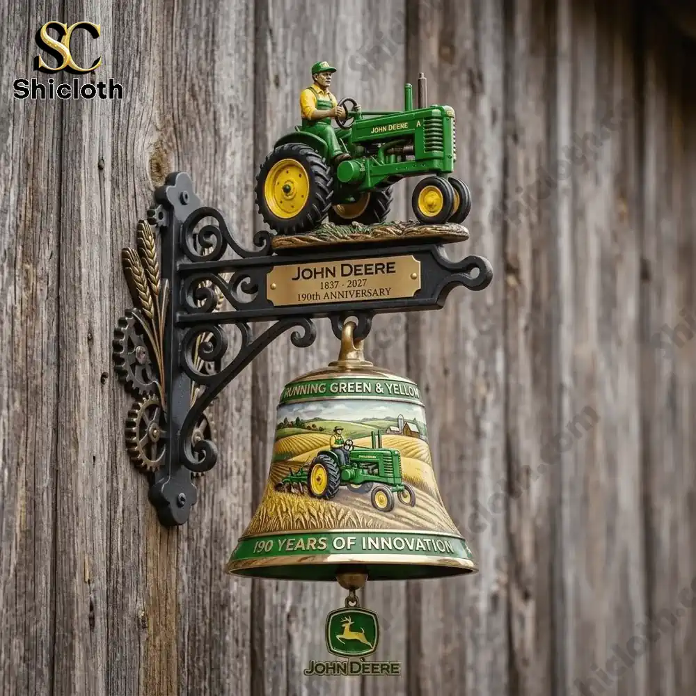 Close view of John Deere commemorative wall bell with detailed tractor!
