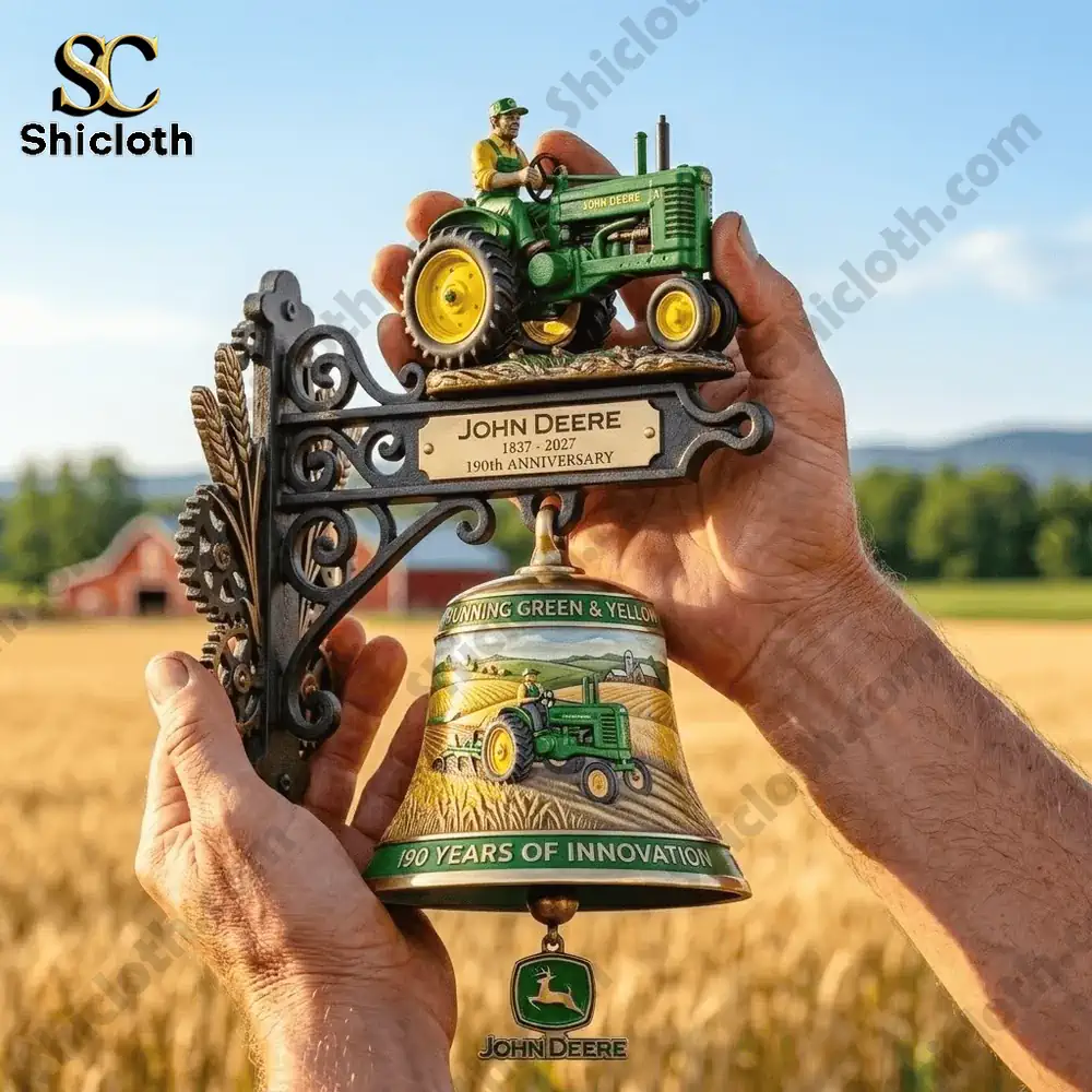 John Deere 190th Anniversary Commemorative Wall Bell 3 Hand holding John Deere wall bell in farm field background!