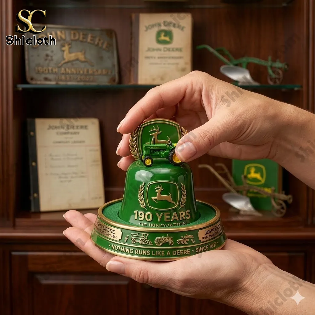 Hand holding John Deere 190 years of innovation commemorative bell with green tractor and deer logo display!