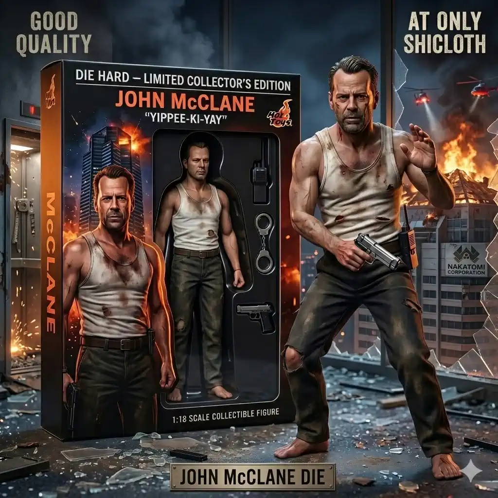 AC/DC 53rd Anniversary Commemorative Figure 97 john mcclane figure with burning building background and display box