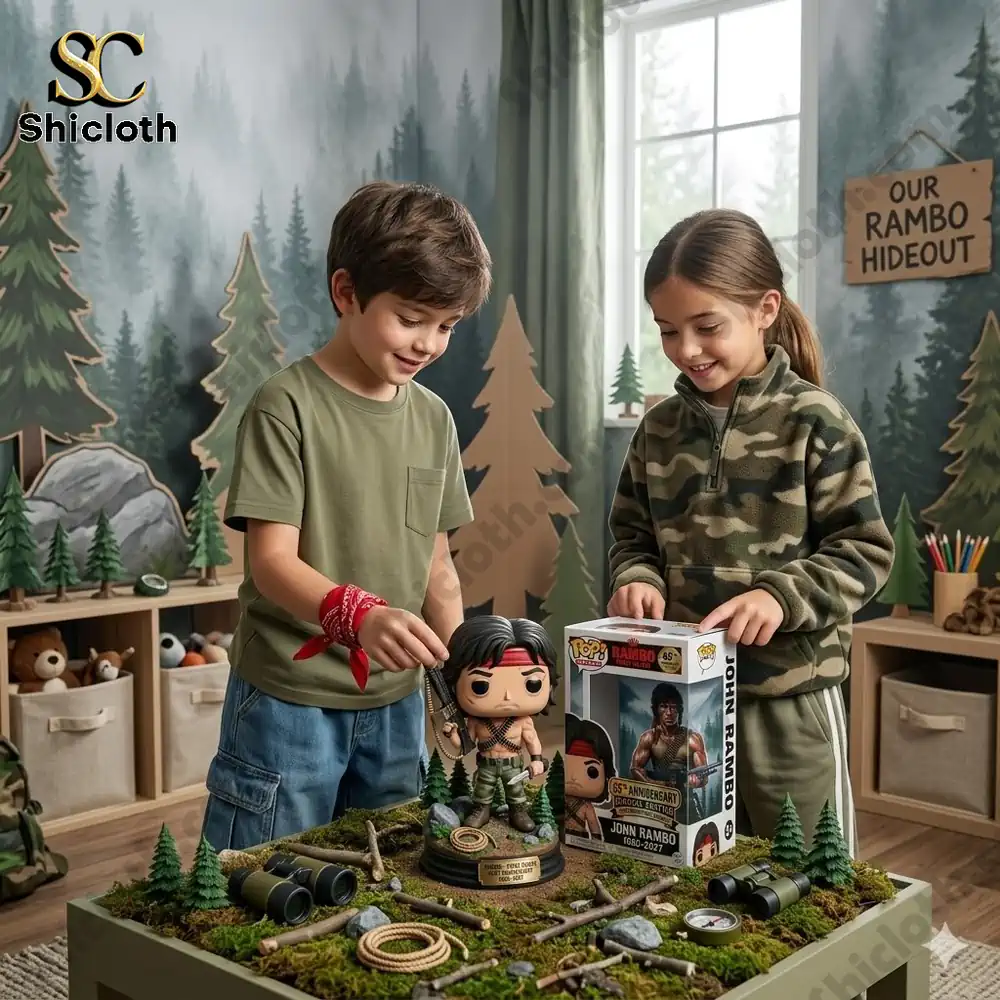 Children playing with John Rambo collectible figure on forest themed play table by Shicloth!