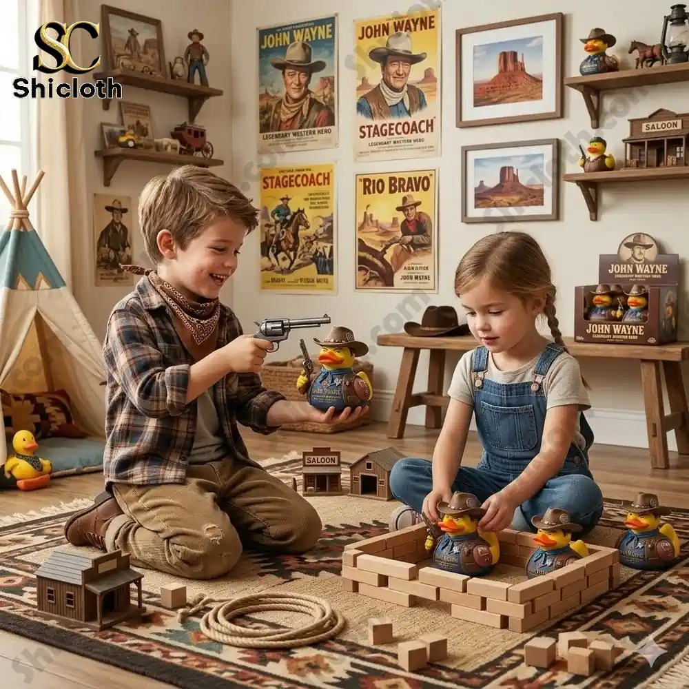 Children playing with western hero duck toy from Shicloth in a cowboy themed room!