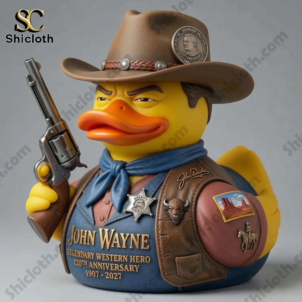 Close view of Shicloth western hero duck figure dressed as a cowboy sheriff!
