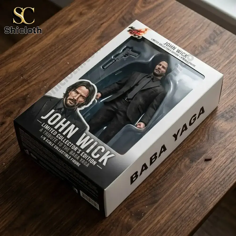 John Wick figure inside box placed on wooden table