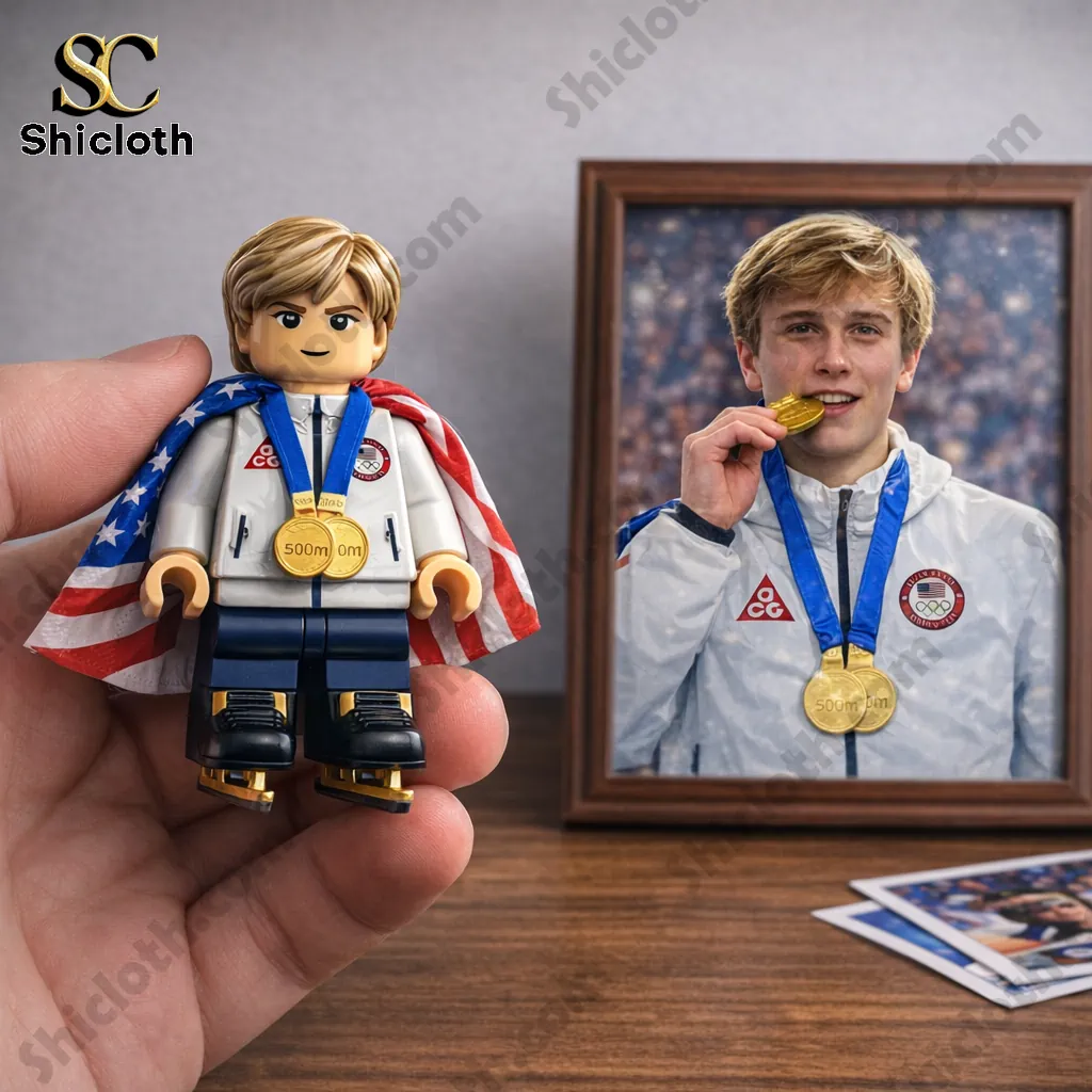 Jordan Stolz legacy pop figure held in hand with framed portrait holding gold medal