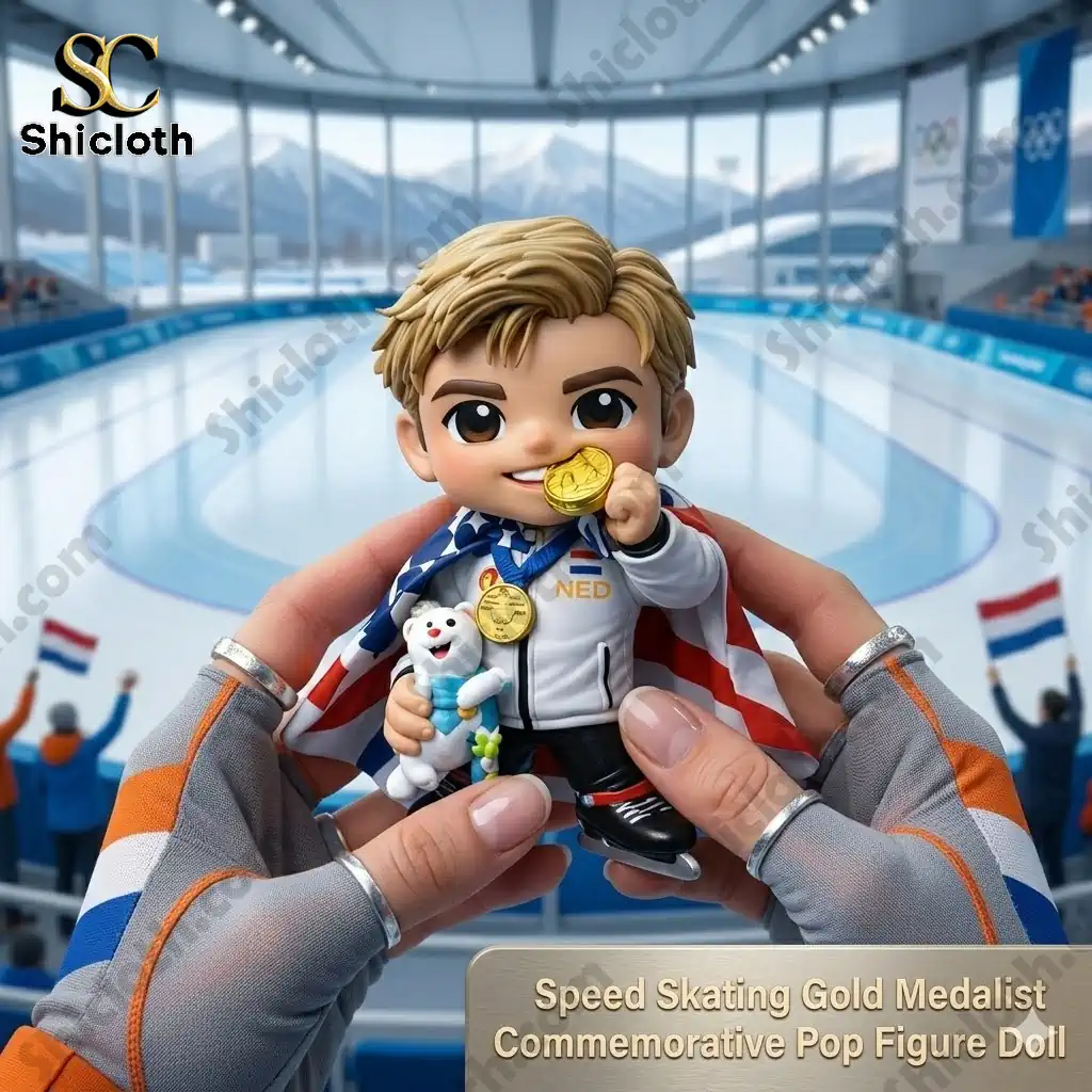 Chibi speed skating gold medalist doll holding gold medal inside Olympic ice arena by Shicloth