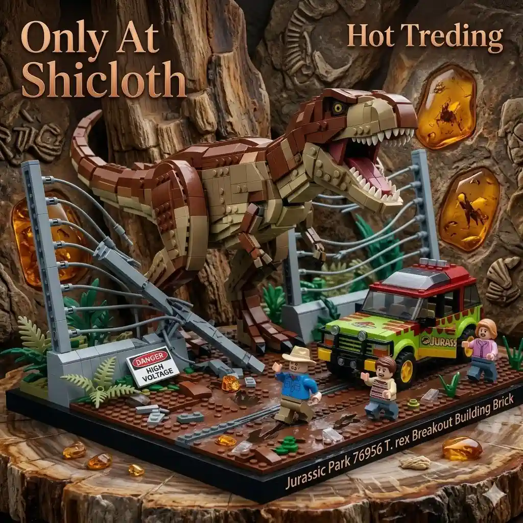 lego trex breakout scene with jeep and figures in jungle!