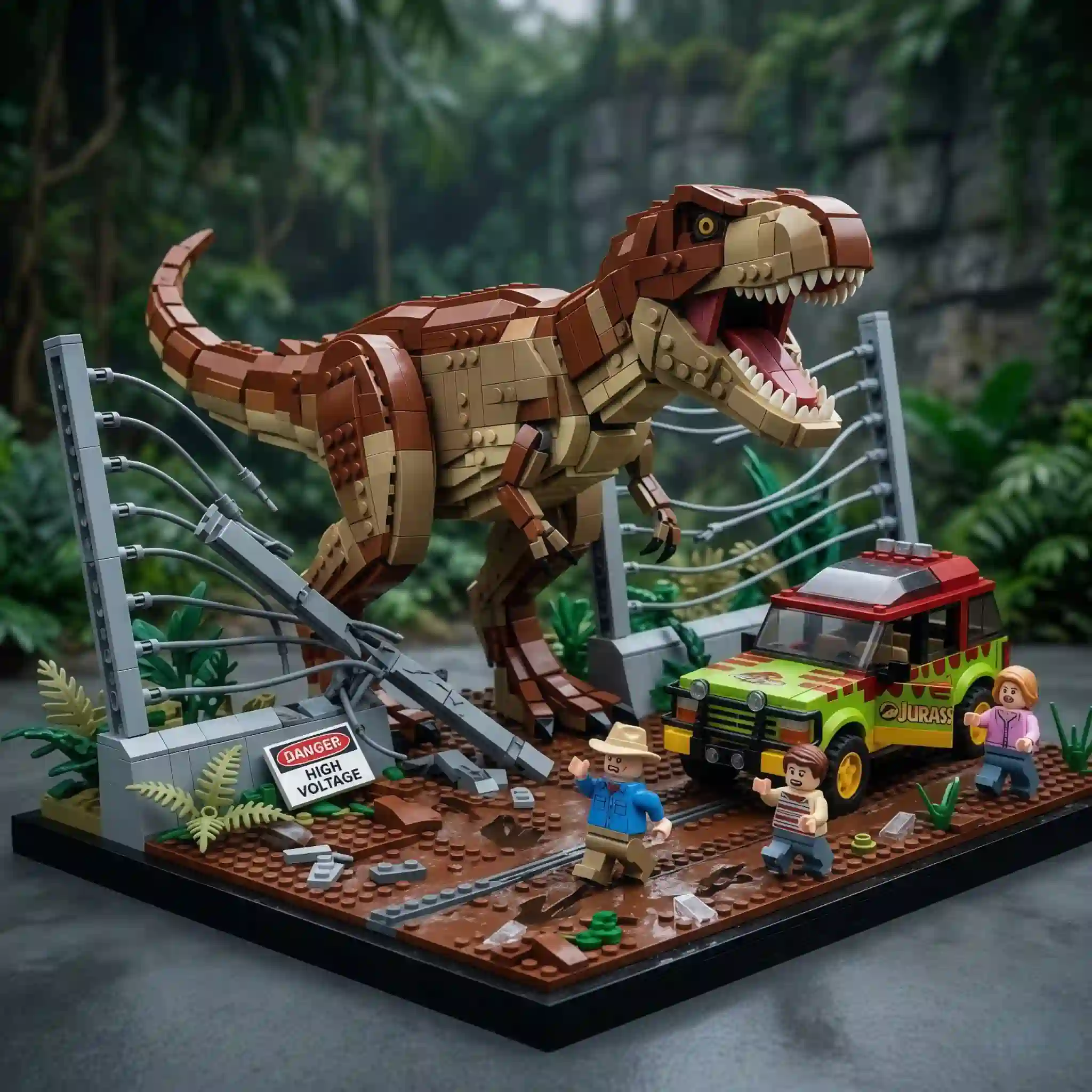 close view lego trex roaring with jeep and figures!