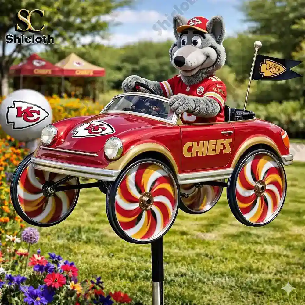 Wolf mascot driving chiefs car wind spinner in garden!