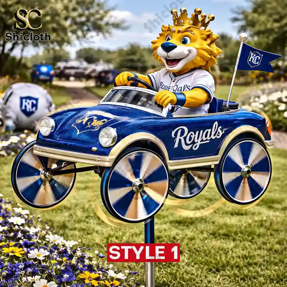 Lion mascot driving blue Royals car wind spinner in garden!