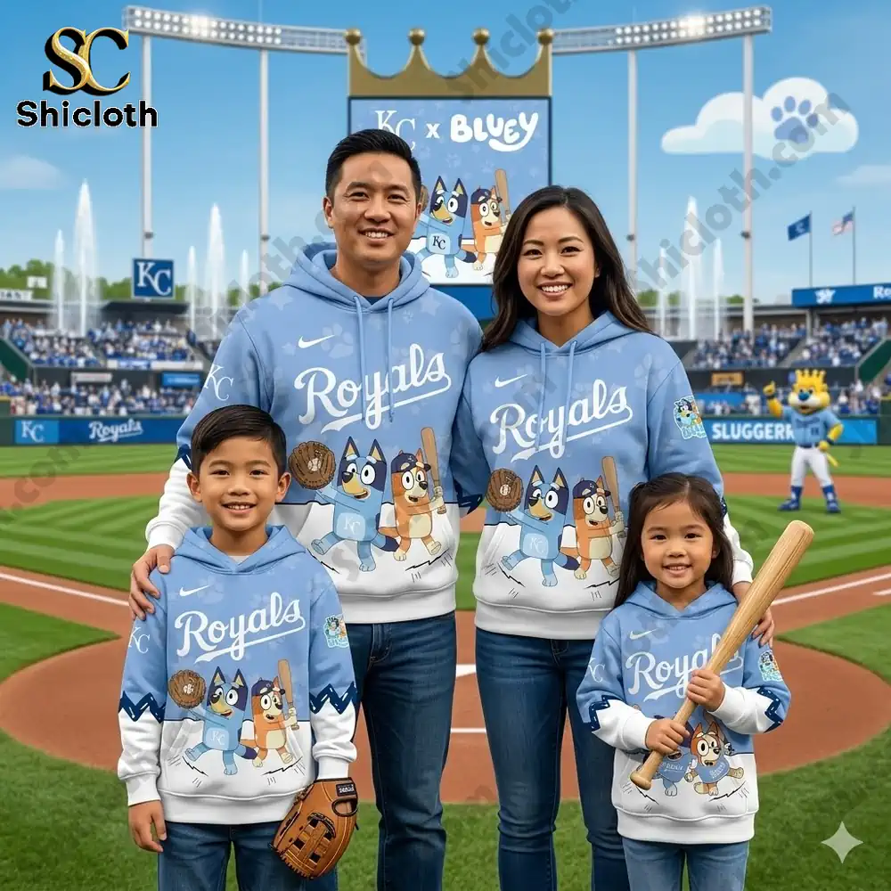 Family wearing Kansas City Royals Bluey Night Baseball 2026 hoodie at baseball stadium!