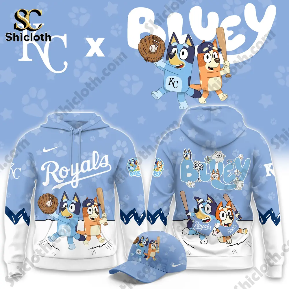 Front and back design of Kansas City Royals Bluey Night Baseball 2026 hoodie by Shicloth!