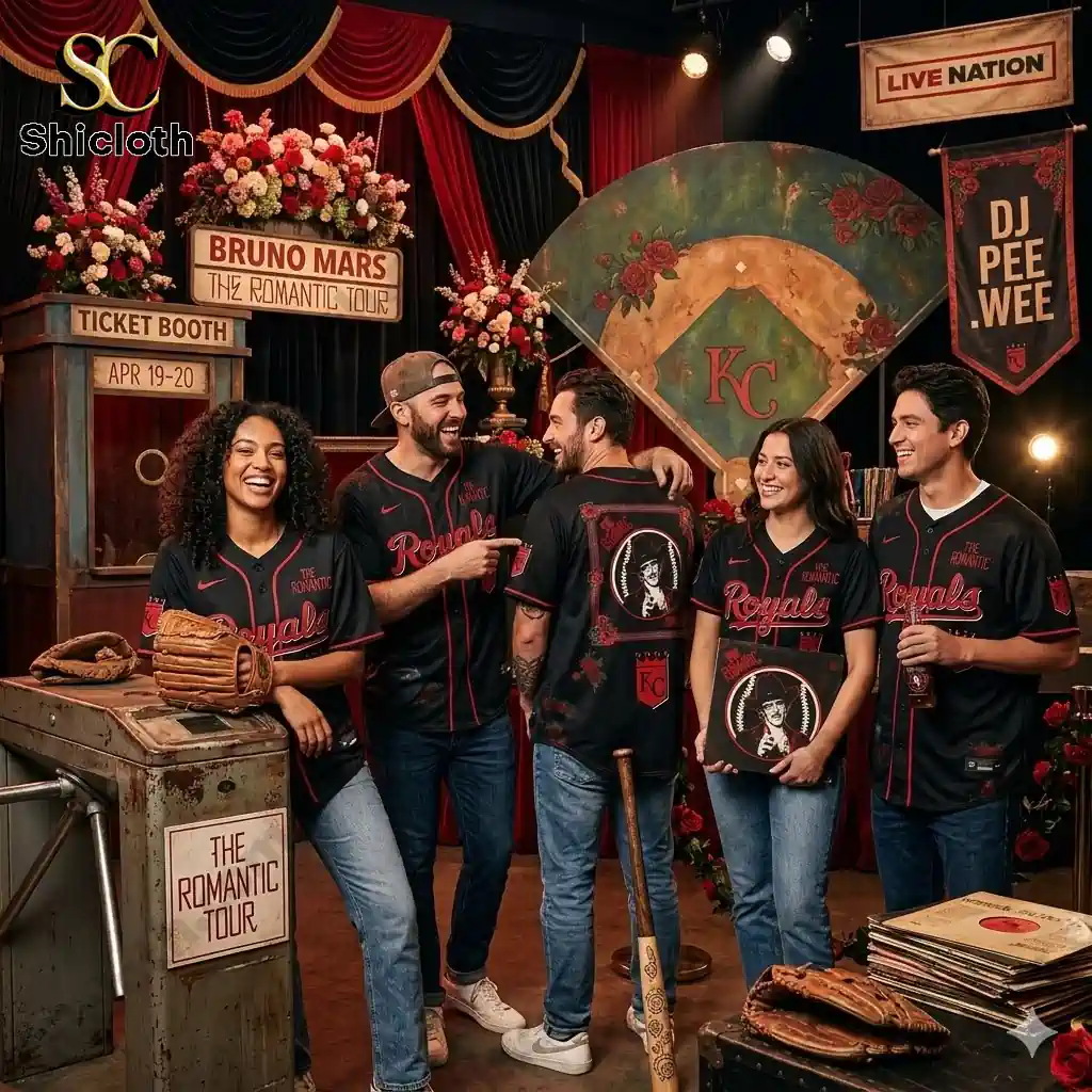 Group of models wearing black Kansas City Royals Bruno Mars The Romantic Tour jersey by Shicloth!