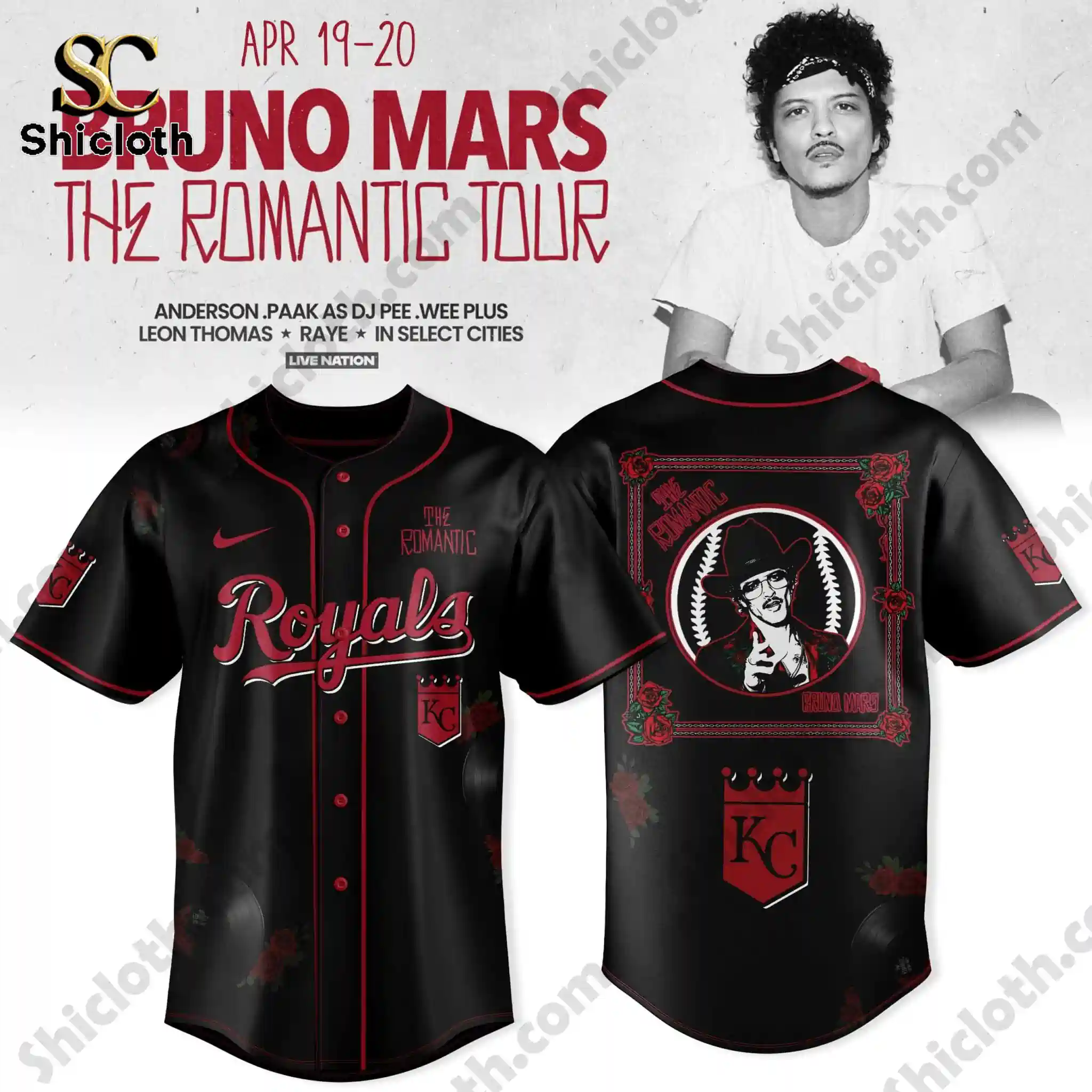 Black Kansas City Royals Bruno Mars The Romantic Tour jersey front and back by Shicloth!