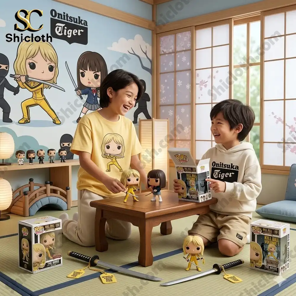 Children playing with Kill Bill Bride collectible figure in a Japanese style room with Shicloth display!