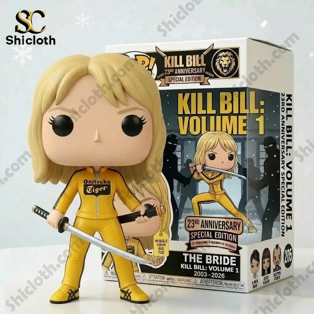 Kill Bill Bride anniversary collectible figure with sword standing beside its display box from Shicloth!