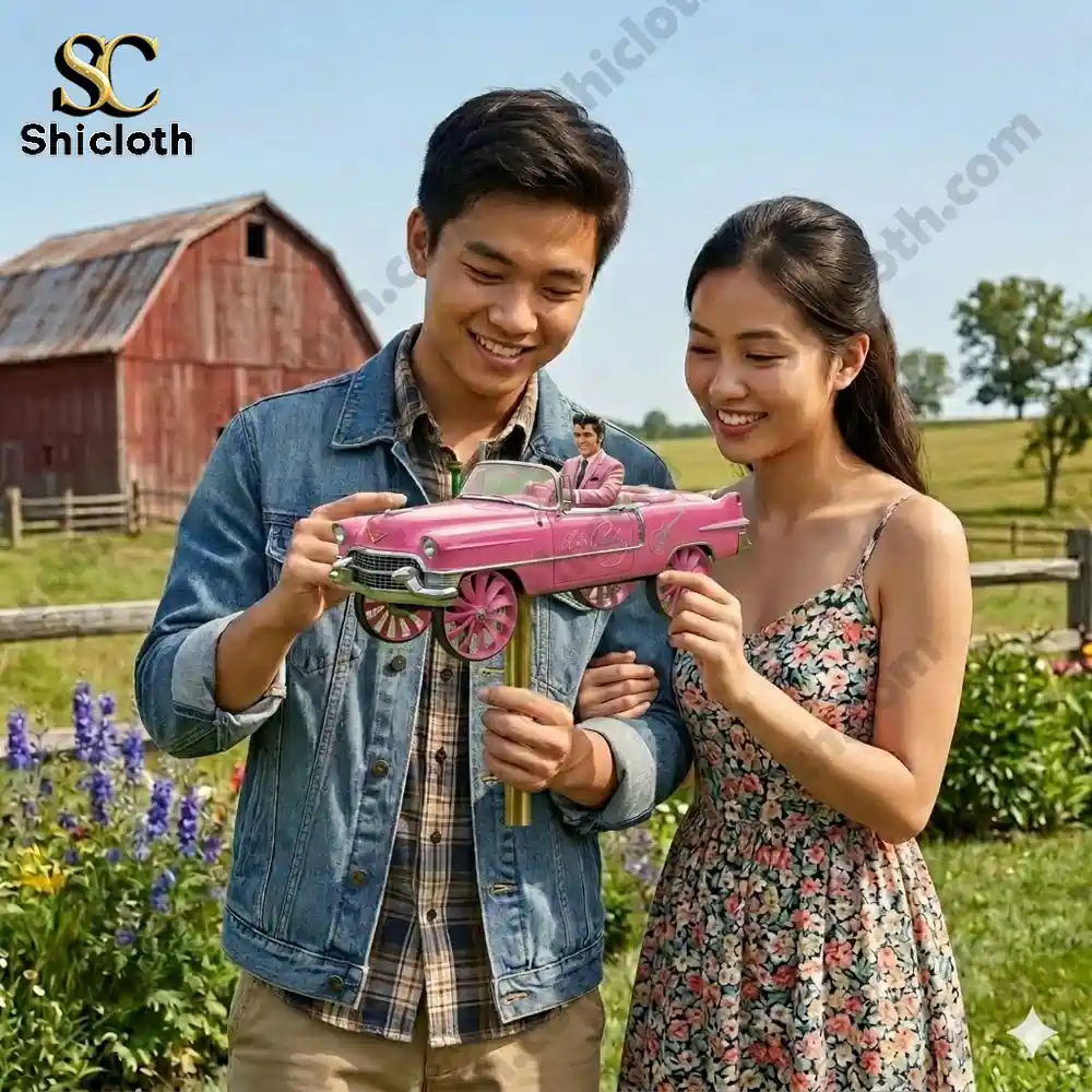 Couple holding pink cadillac wind spinner in garden!