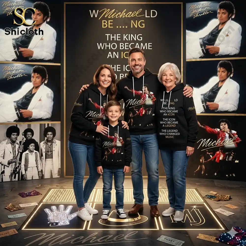 Family wearing black Michael Jackson hoodies with iconic music theme