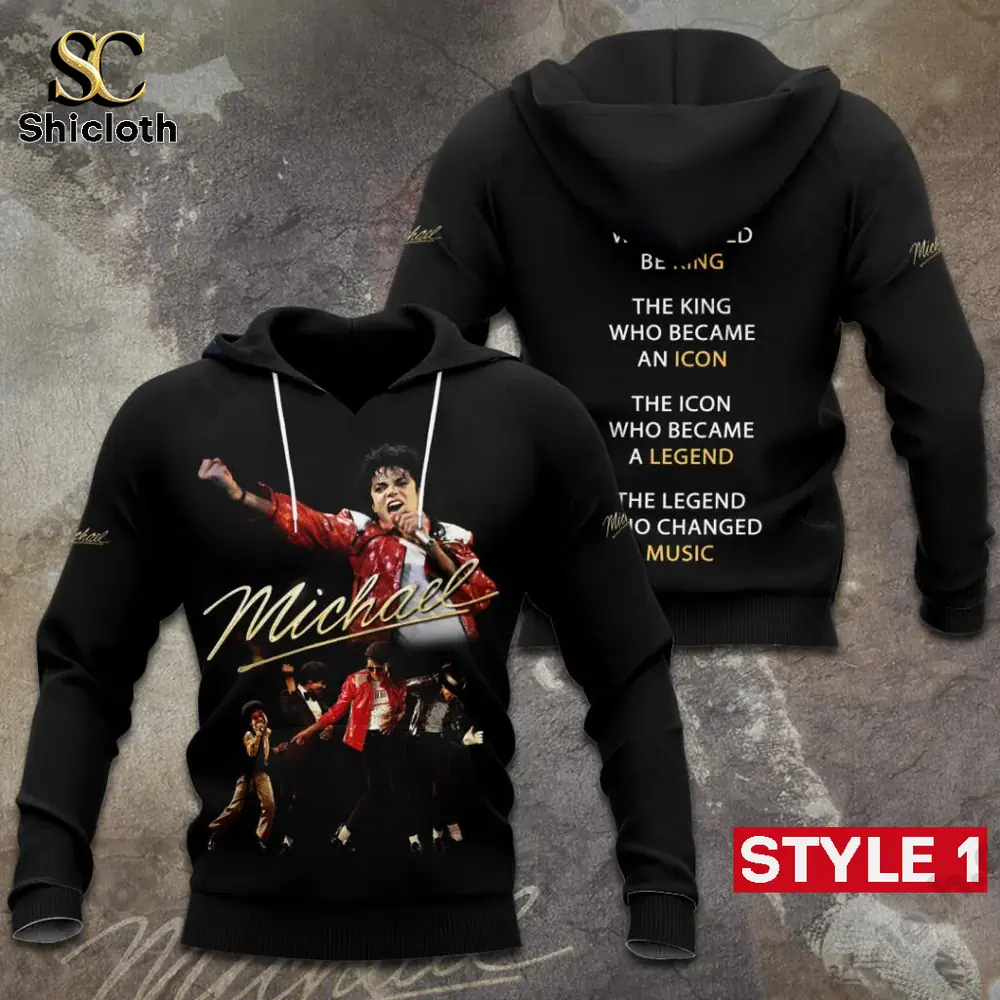 Black hoodie with Michael Jackson red outfit performance and quote text