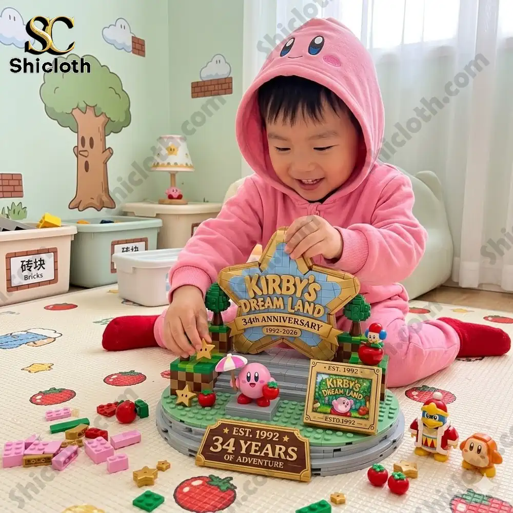 child playing with kirby dream land anniversary building brick set on floor!