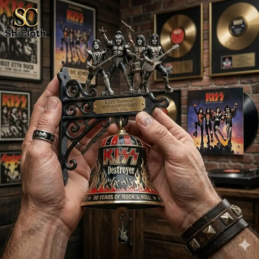 KISS Destroyer 50th Anniversary cast iron wall bell held in hands with rock music background
