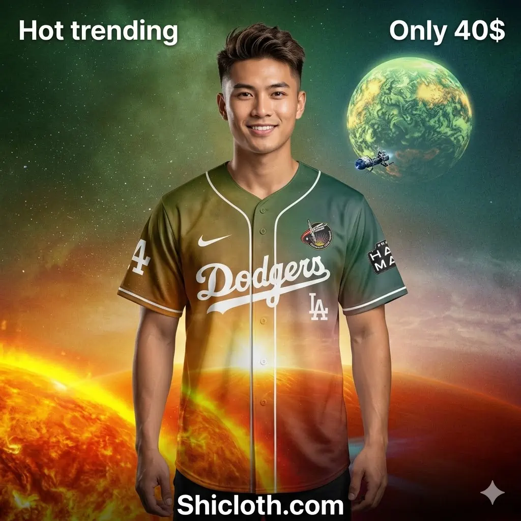 Man wearing Dodgers space themed jersey with planet background!