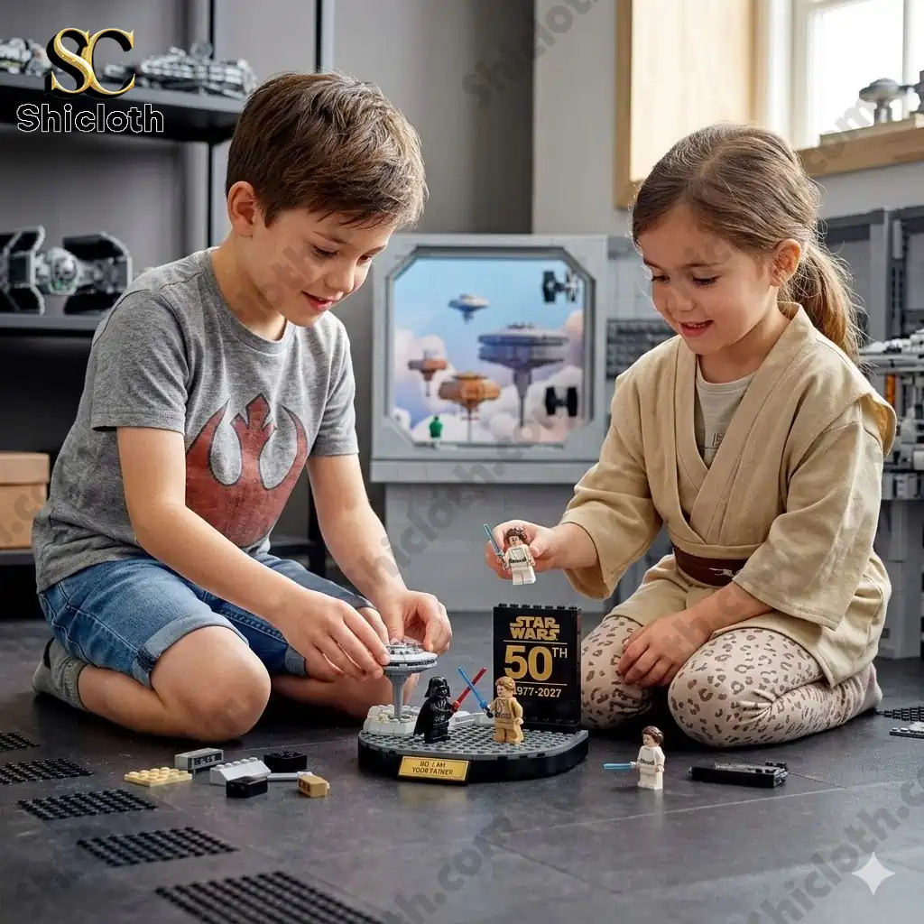 Two children playing with a Star Wars fifty anniversary building brick diorama set from Shicloth shop.