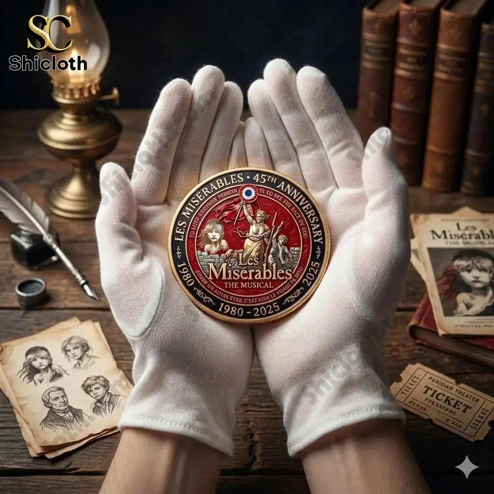 Hands holding Les Miserables anniversary commemorative coin on vintage desk!
