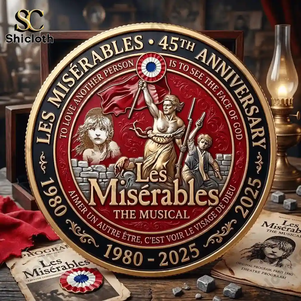 Front design of Les Miserables commemorative coin with characters and flag!