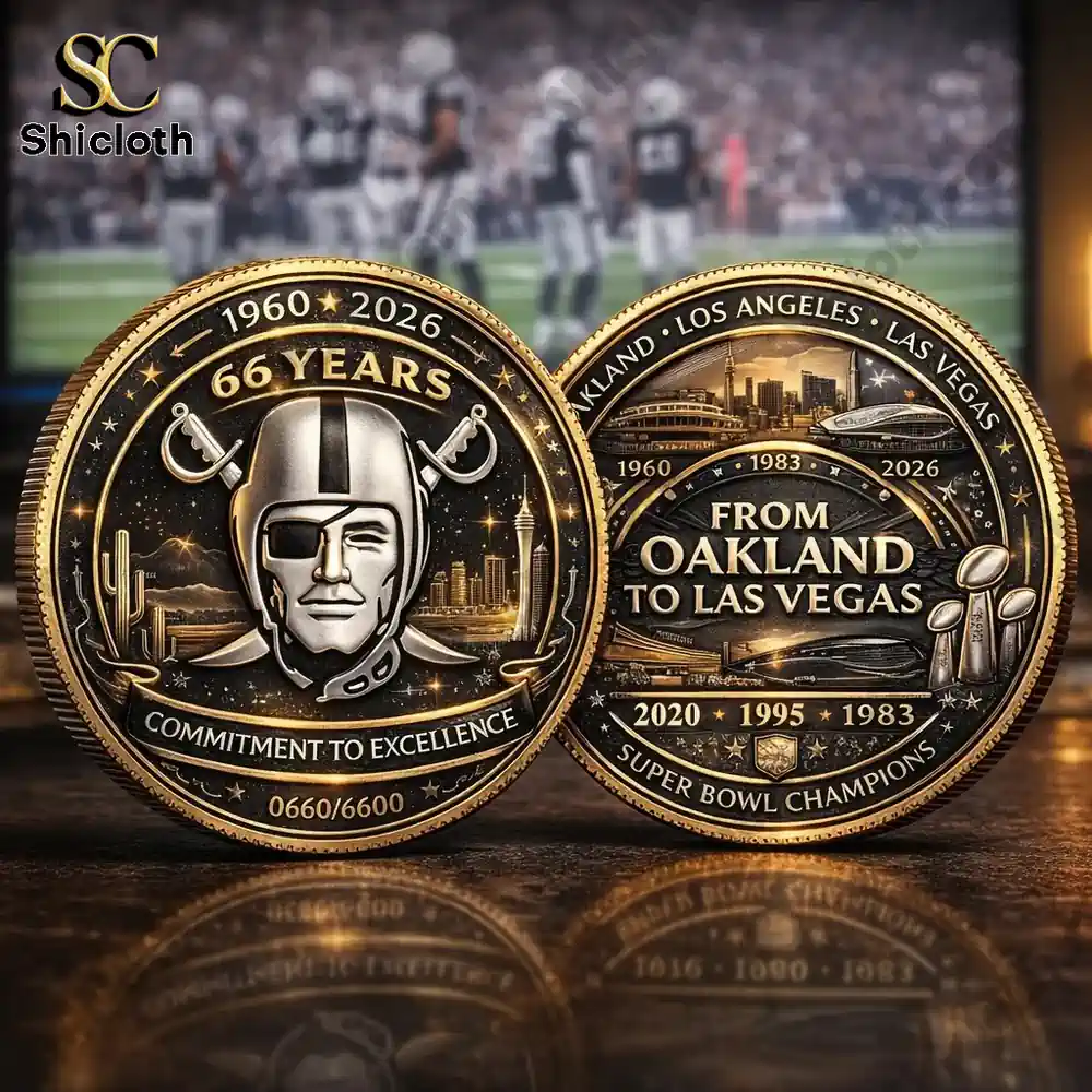 Las Vegas Raiders anniversary commemorative coin front and back display by Shicloth shop!