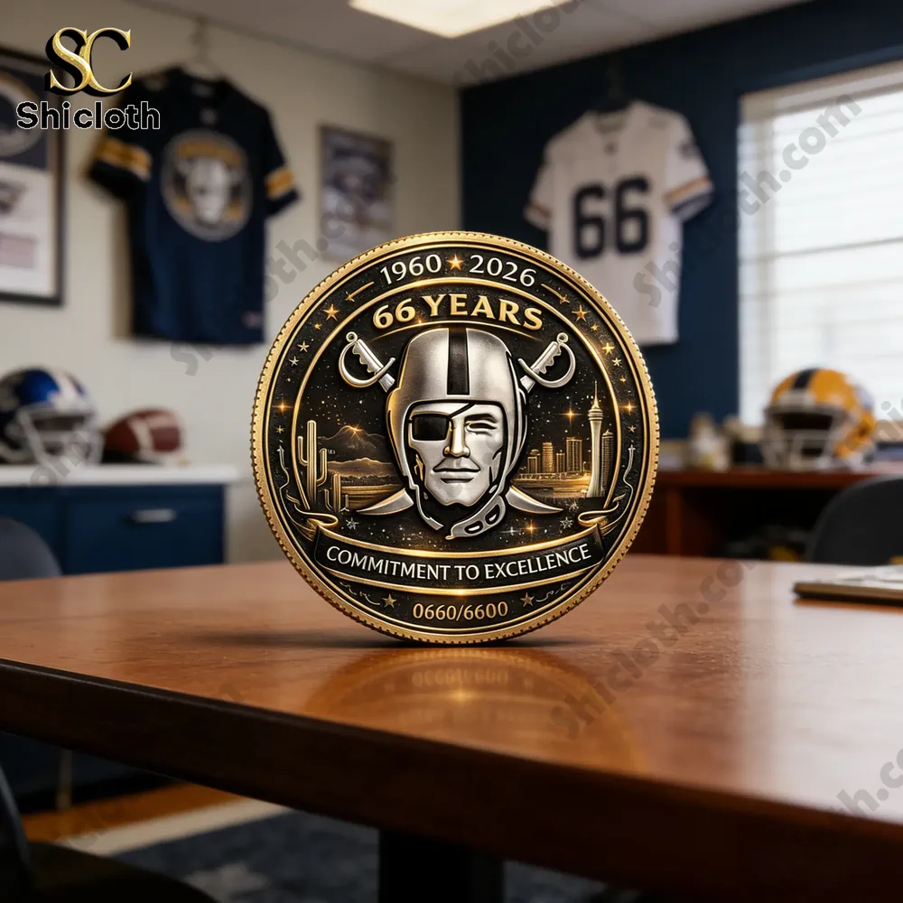 Front side of Las Vegas Raiders anniversary commemorative coin on desk display by Shicloth shop!