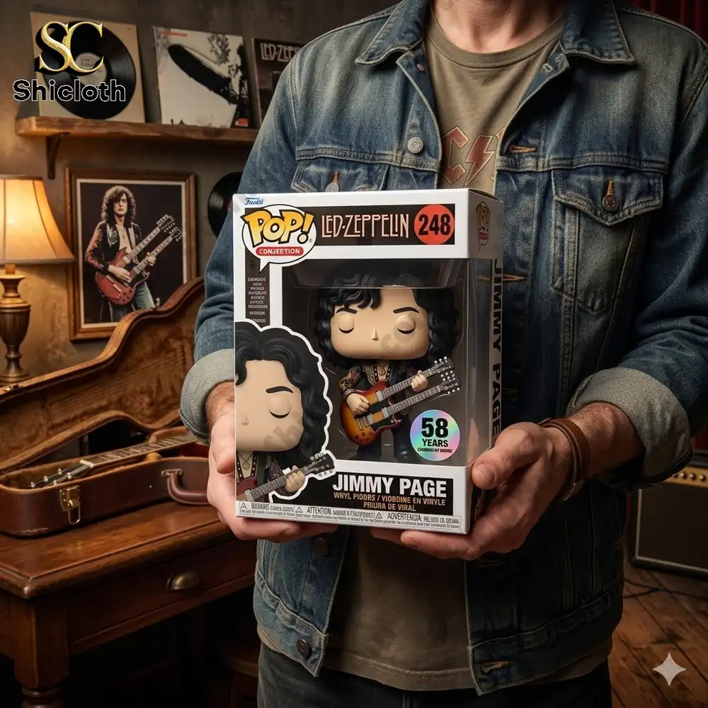 Person holding Jimmy Page Led Zeppelin vinyl figure box in music room scene!