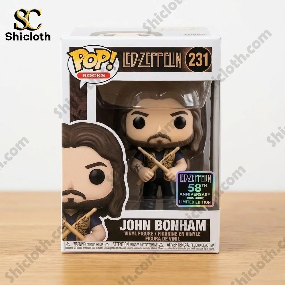 Led Zeppelin John Bonham 58th Anniversary Limited Edition Funko Pop Figure 3 John Bonham vinyl figure inside collectible box placed on wooden table by Shicloth!