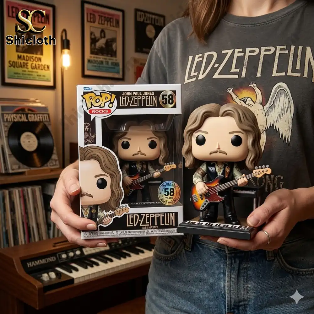Led Zeppelin John Paul Jones bass player collectible figure displayed with box by Shicloth!