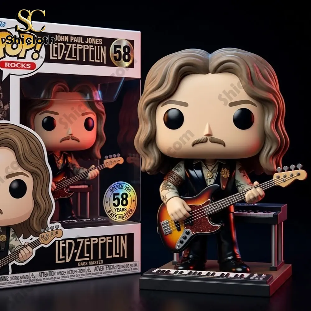 Led Zeppelin John Paul Jones bass player collectible figure beside display box by Shicloth!