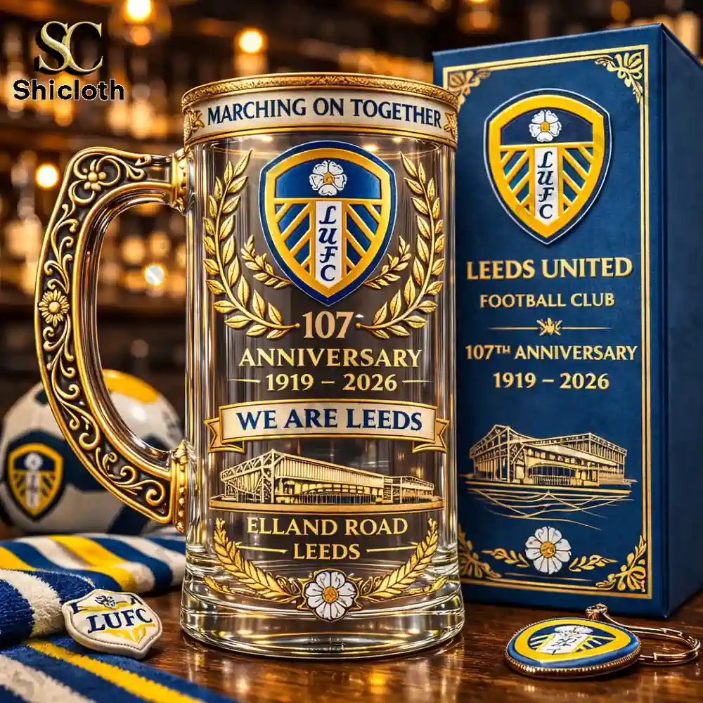 Leeds United anniversary beer glass with decorative box on table