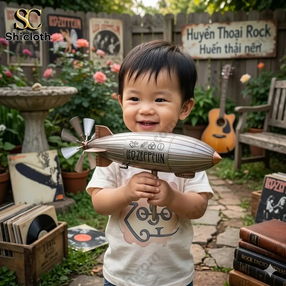 Baby holding Led Zeppelin blimp garden spinner!