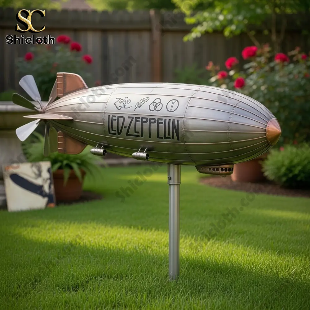 Legend Rock Band Led Zeppelin Blimp Wind Spinner For Garden 3 Led Zeppelin blimp spinner on stand in garden!