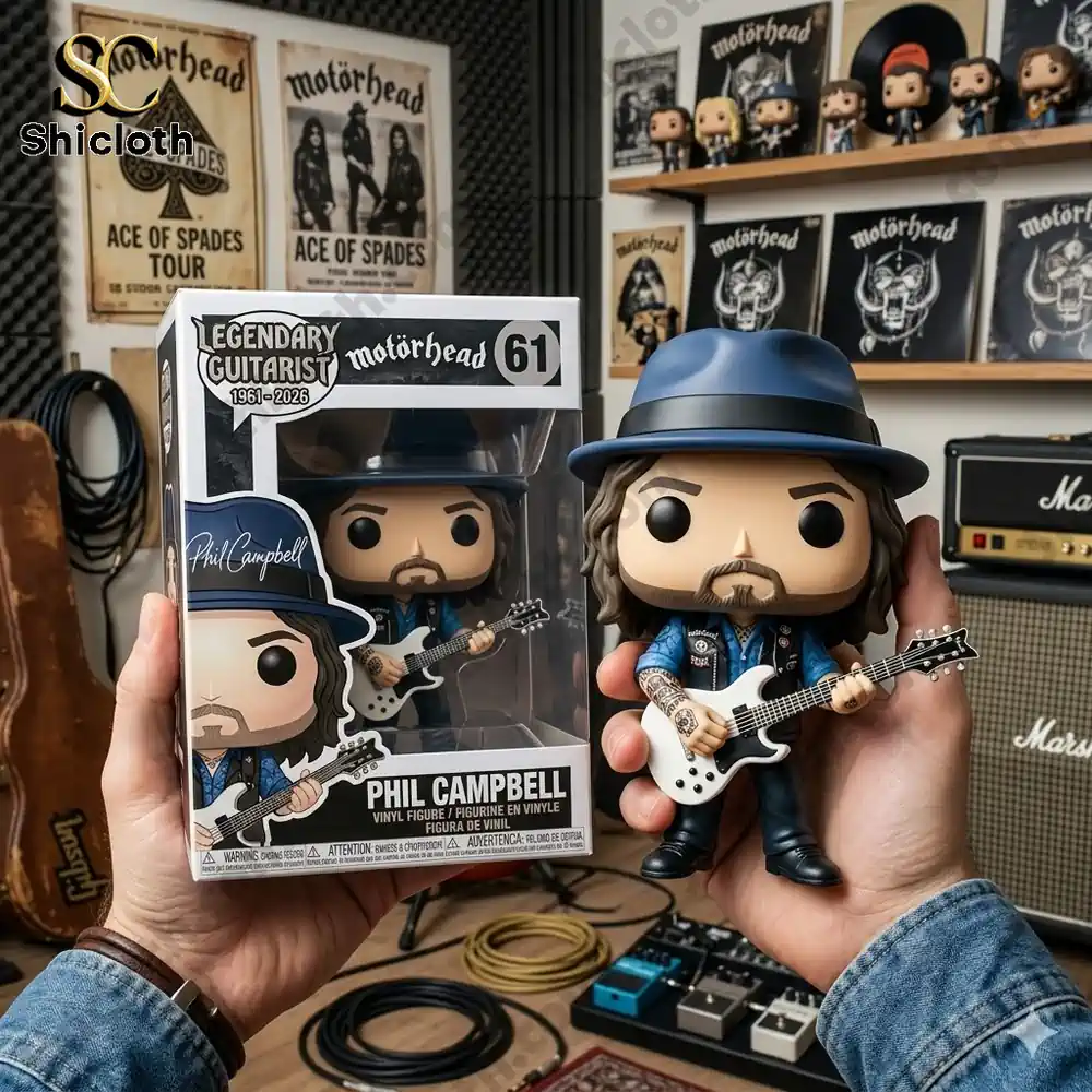Phil Campbell guitar figure held in hands in music studio